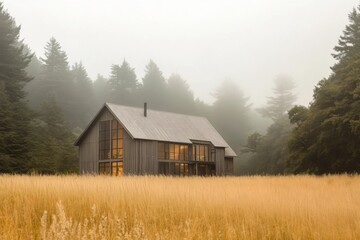 Fototapeta premium Modern wooden house stands in tall golden grass under a foggy sky surrounded by dense evergreen forests during early morning hours