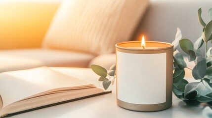 A cozy scene featuring a lit candle, an open book, and greenery in soft lighting.
