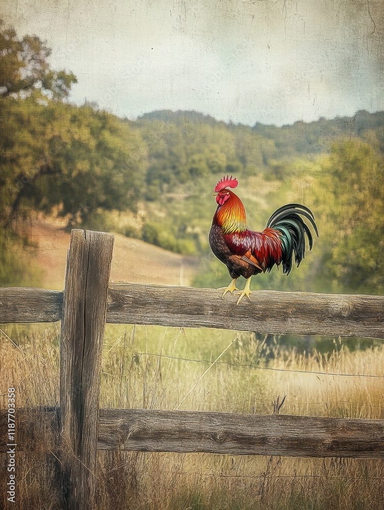 Poster rooster confidently perches on rustic wooden fence against a backdrop of rolling hills and greenery 