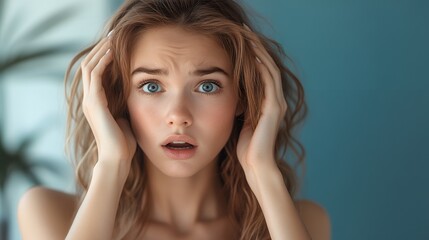 Fototapeta premium Close-up portrait of a young woman with blonde wavy hair and bright blue eyes showing a look of shock or surprise.