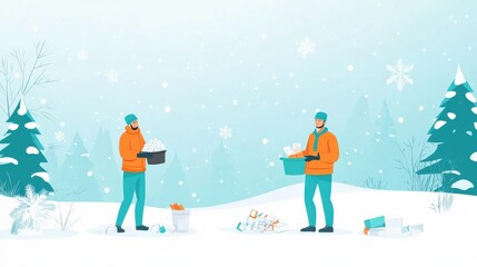 Two Workers Collecting Waste in Winter Landscape with Snow, Trees, and Gentle Falling Snowflakes, Promoting Environmental Awareness and Cleanliness