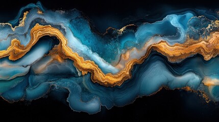 Abstract Fluid Art with Blue and Gold Swirls - Perfect for Modern Decor