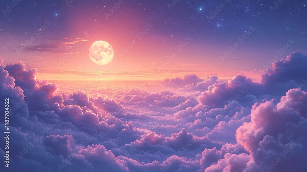 Wall mural dreamy sunset sky with full moon and puffy clouds at twilight