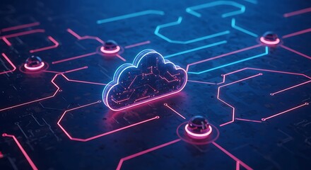Digital Cloud Network with Glowing Neon Lights – Representing Advanced Cloud Computing Technology and Data Storage Solutions