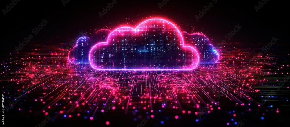 Poster digital cloud with neon data streams in a virtual space