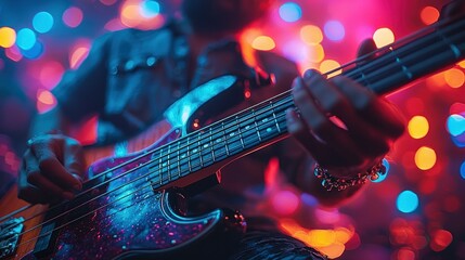 Obraz premium Guitarist Performing on Stage with Vibrant Lights in the Background