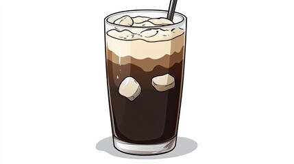 Iced coffee drink in tall glass with ice cubes and cream.
