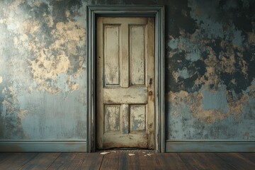 Old, weathered door in a decaying room. Ideal for mystery, suspense, or abandonment themes.