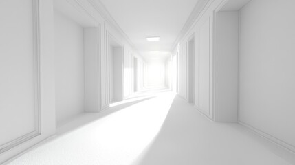 Fototapeta premium A futuristic white hallway with a glowing light at the end,white hallway with a bright light at the end,Empty white futuristic corridor with a glowing light in the distance
