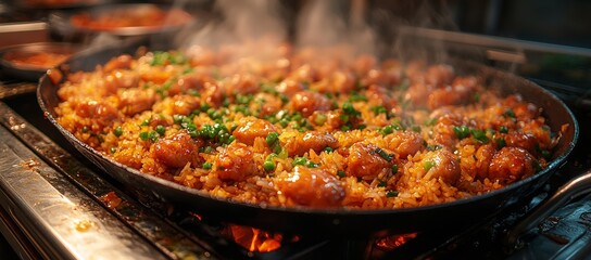 Steaming hot rice dish, kitchen, delicious meal