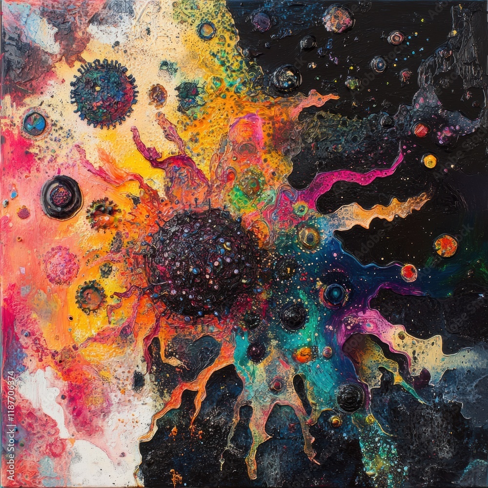 Aufkleber vivid representation of a virus undergoing transformation and mutation in a vibrant cosmic landscape