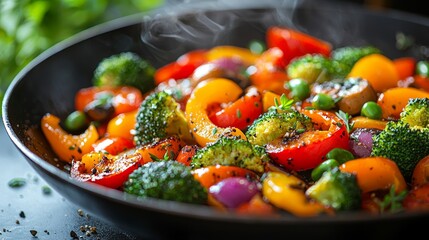 Steaming sauteed vegetables skillet, kitchen, healthy food