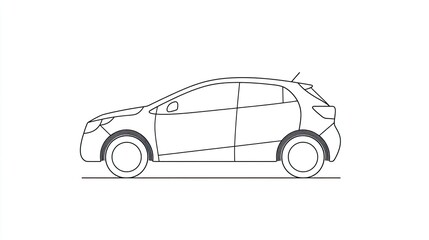 Simple line drawing of a hatchback car, side profile view, isolated on white background.