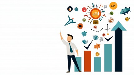 Obraz premium Businessman drawing upward graph, showcasing growth, innovation, and success with various icons.