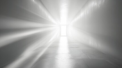 Obraz premium A futuristic white hallway with a glowing light at the end,white hallway with a bright light at the end,Empty white futuristic corridor with a glowing light in the distance