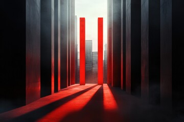 Red pillars cast shadows in modern urban corridor with atmospheric lighting