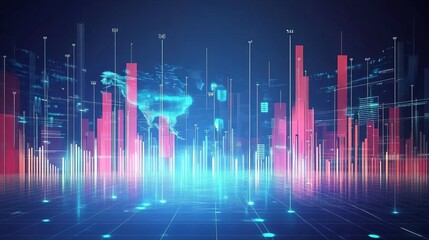 Futuristic digital data visualization with neon cityscape and graphs