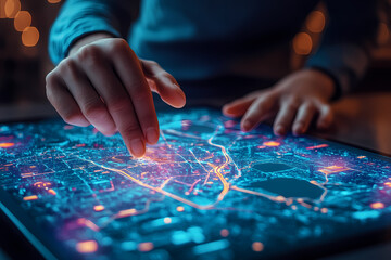 A glowing 3D hologram of a city map being used by a digital hand, representing innovative navigation technologies