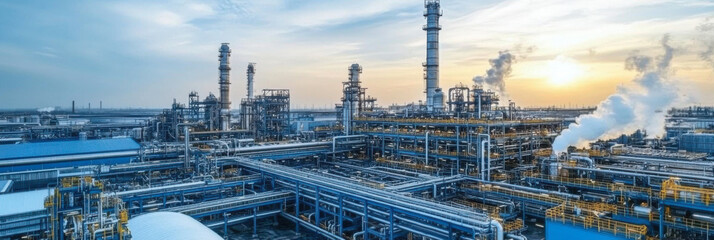 Refinery industry industrial area with the sky at sunset Oil and natural gas storage tanks