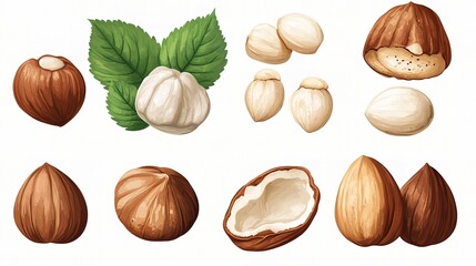 Set of Isolated Hazelnuts on White Background for Culinary Uses