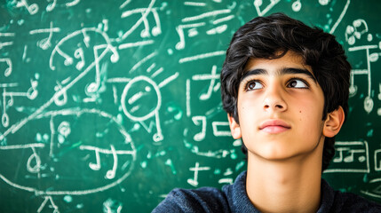 Focused Teenage Male Musician Examining Music Notes Drawn on a Green Board.