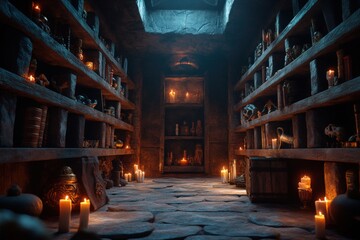 Mysterious candlelit crypt with ancient artifacts and dimly lit shelves