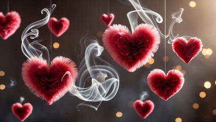 A soft heart like a feather, floating in the air, surrounded by wisps of thin smoke evokes the romantic atmosphere of Valentine's Day.