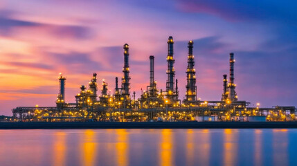Obraz premium petrochemical plant in night time with reflection over the river