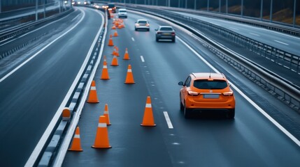 Fototapeta premium Traffic Flow on Rainy Highway with Road Cones and Moving Vehicles in Urban Environment