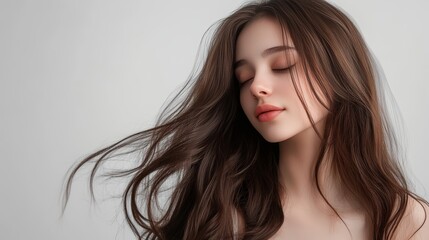 Naklejka premium Young caucasian female with flowing hair and serene expression