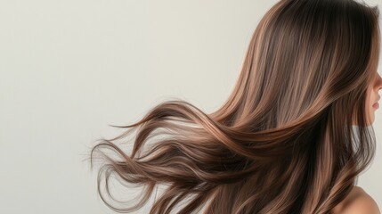 Flowing long brown hair of young caucasian female from side view