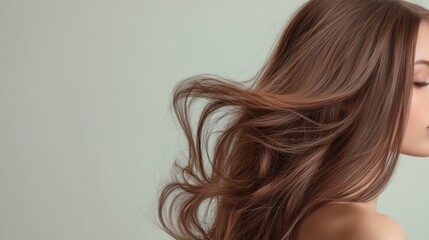 Fototapeta premium Flowing brown hair of young caucasian female against soft green background