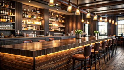 Modern Restaurant Bar with Dark Wood Accents and Blurred Background, restaurant