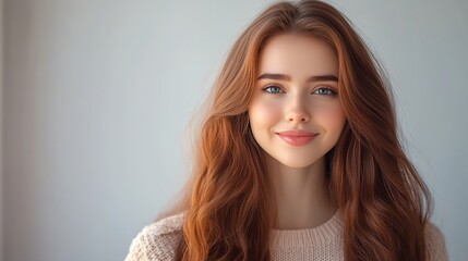 Fototapeta premium Young caucasian female with long red hair smiling in bright room