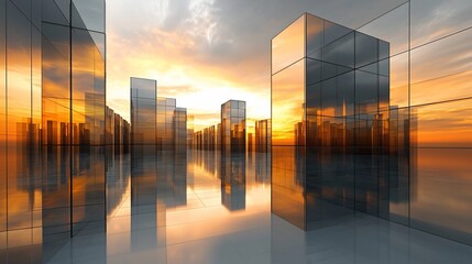 Glass skyscrapers reflecting sunset cityscape.