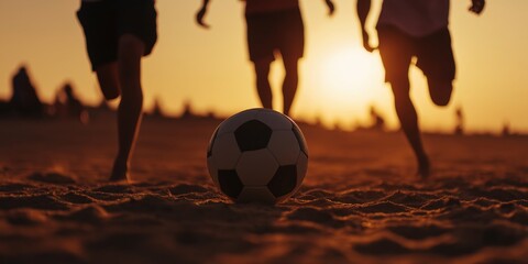 A group of children jubilantly playing soccer on the beach as the sun sets, capturing the joy of childhood and the beautiful moments shared with friends in nature.