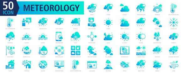 METEOROLOGY ICON SET With windy, storm, cloudy, thunderstorm, rainbow, low temperatures, hot temperature, forecaster, precipitation and low visibility