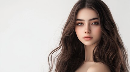 Young caucasian female with long brown hair and soft expression