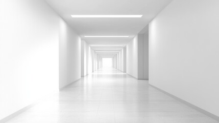 Obraz premium A futuristic white hallway with a glowing light at the end,white hallway with a bright light at the end,Empty white futuristic corridor with a glowing light in the distance