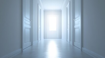 A futuristic white hallway with a glowing light at the end,white hallway with a bright light at the end,Empty white futuristic corridor with a glowing light in the distance