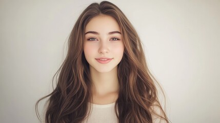 Fototapeta premium Young caucasian female with long brown hair smiling calmly against a neutral background