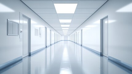 Obraz premium A futuristic white hallway with a glowing light at the end,white hallway with a bright light at the end,Empty white futuristic corridor with a glowing light in the distance