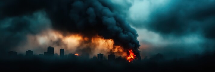 A dramatic and moody cityscape showcasing thick smoke and fire rising above skyscrapers, capturing tension and intensity in an urban environment during a catastrophic event.