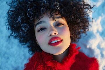 Fototapeta premium Attractive happy black girl - for ads, banner and social networks use. Commercial ad campaign visual idea. Short trim - curly hair. African american portrait style. Black girl advertising.
