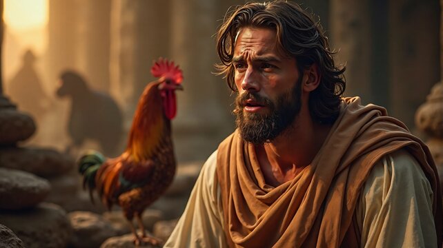 Peter weeping bitterly after denying Jesus three times, with a rooster crowing in the background.