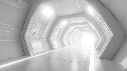 Fototapeta premium A futuristic white hallway with a glowing light at the end,white hallway with a bright light at the end,Empty white futuristic corridor with a glowing light in the distance