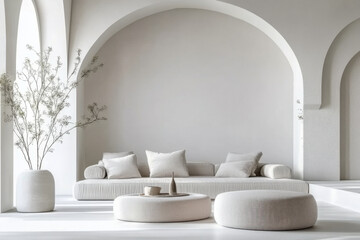 Boucle sofa and pouf in room with arch ceiling and stucco walls. Minimalist