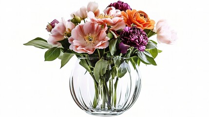 Fototapeta premium Elegant Glass Vase with Fresh Flowers Isolated on White Background