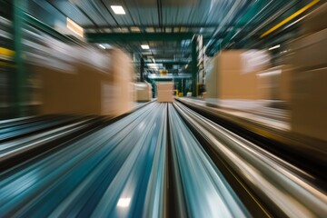 Fototapeta premium Fast-moving cardboard boxes on a conveyor belt in a warehouse.