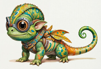 Fototapeta premium funny caricature, chameleon animal caricature, juvenile exotic male, colorful scales, curvy tail, big cartoonish head, exaggerated caricature features, wearing camo bandana, stealt - generated by ai